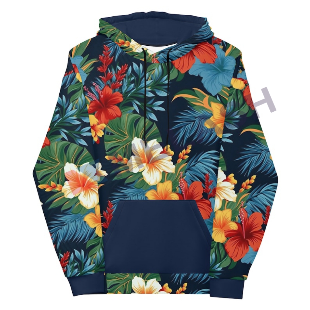 Unisex Tropical Print Hoodie, Hawaiian Print, Floral Sweatshirt, Trendy Streetwear - Image 2