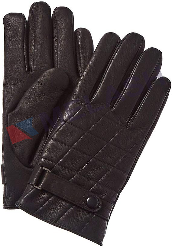 unisex Men's Quilted Leather Gloves with Wrist Strap - 100% Nappa Leather, Cashmere-Lined Luxury Winter Glove Pair