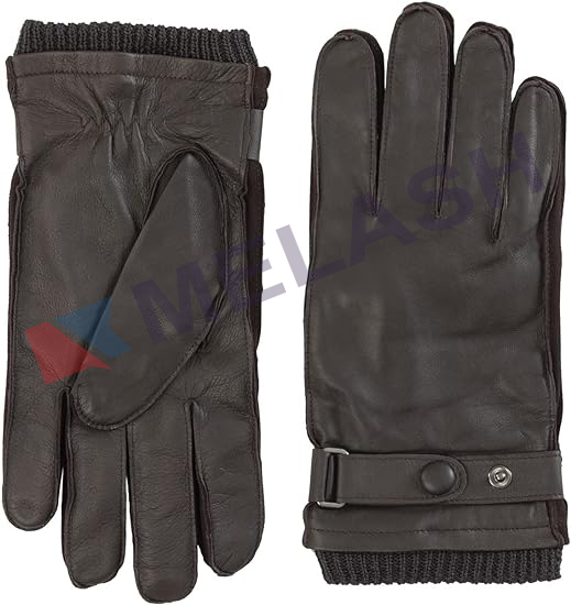 unisex Men's Leather Gloves with Strap and Knit Cuff - 100% Nappa Leather & Merino Wool Blend Knit-Lined Glove Pair