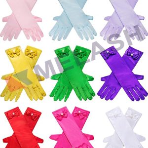 9 Pairs Girls Satin Gloves Bowknot Gloves Princess Gloves for Kids Party, Wedding, Formal Pageant, Ages 3T to 8 Years, Color 3, Small