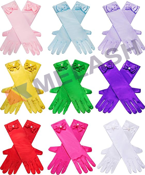 9 Pairs Girls Satin Gloves Bowknot Gloves Princess Gloves for Kids Party, Wedding, Formal Pageant, Ages 3T to 8 Years, Color 3, Small